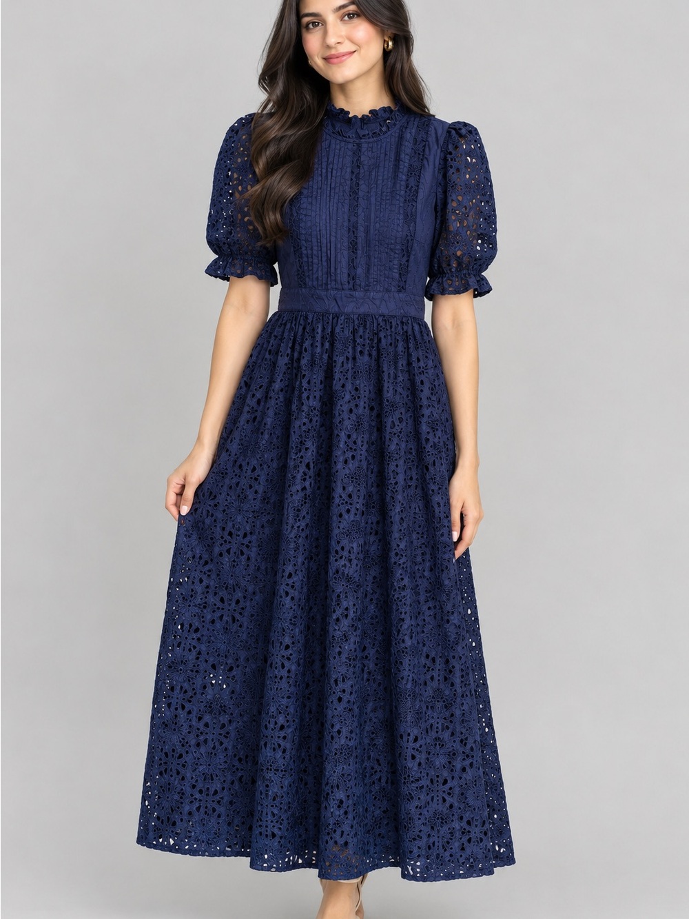 Joules Susanna Broderie Midi Dress Navy Blue Eyelet Cotton Lace Sz US 4 / UK 8